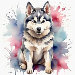 Watercolor Siberian Husky Clipart, aquarela, colorfully. AI Generative