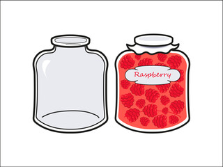 Vector image of an empty glass jar and a jar filled with raspberry jam.