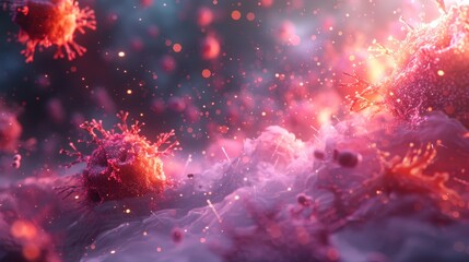 Fototapeta premium A fantastical portrayal of a microbial world, highlighting glowing particles and cell-like structures in a dreamlike atmosphere.