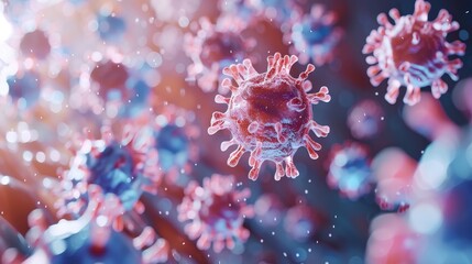 Digital rendering of virus particles in sharp focus against a soft, colorful background with a bokeh effect, symbolizing scientific research.