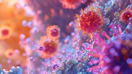 A vibrant composition of abstract viral particles rendered in a microscopic view with a rich color palette.