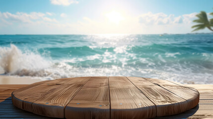 A wooden platform table for product advertising, a circular podium positioned in front of the vast ocean, provides a clear and unobstructed view of the water and horizon