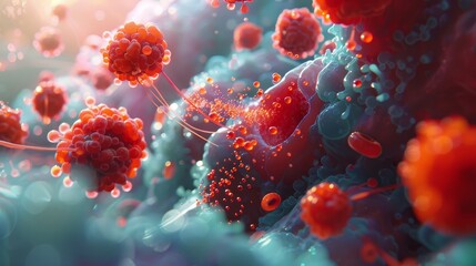 A detailed 3D visualization showcasing the process of cancer cell division and multiplication in a colorful, abstract style.