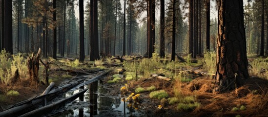 A dense forest filled with tall pine trees reaching towards the sky, with new plants flourishing among charred tree trunks. The scene depicts the resilience and natural growth within the forest