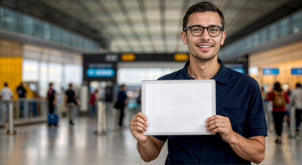 Professional at the Airport: Tour Operator Staff Holding Blank Sign - obrazy, fototapety, plakaty