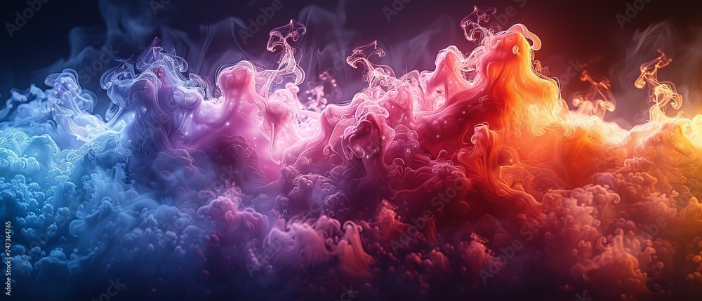 Poster a mesmerizing 3d rendered symphony of colorful smoke effect shapes emerging from the depths of a pro