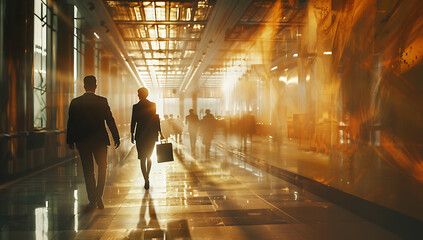 business people walking in a hallway in the style of 