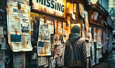 Fotobehang Rows of aged missing person posters on a wall with a prominent MISSING headline, evoking themes of loss, search efforts, and the passage of time © Bartek