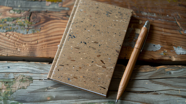 Recycled Material Notebook and Bamboo Pen on Reclaimed Wood