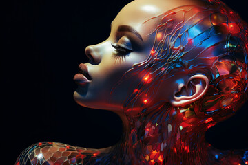 AI generated image of cyberpunk girl futuristic avatar woman portrait with smooth glowing skin and closed eyes