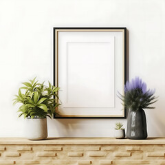 Poster mockup with vertical black frame in white wall interior background