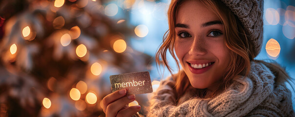 Young woman happily displaying a member card, with twinkling lights in the background, representing membership, community, and belonging