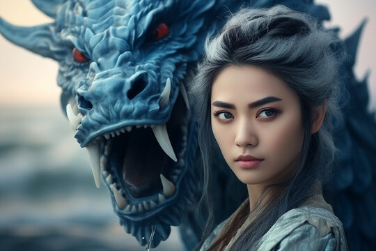 Generative ai picture of a beautiful mesmerizing woman heroine and majestic dragon