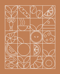 Hand drawn illustration. Organic fruit, vegetable, fish, seafood, coffee and bakery geometric pattern. Abstract geometric line background. Gold luxury. Healthy Food pattern