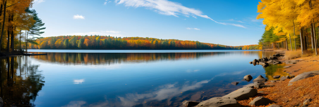 Autumn's Resplendent Beauty: Serene Lake Surrounded by Lush Forest Painted in Fall Colors