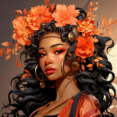 Beautiful and unique artwork featuring a black girl with a flower on her head. The warm color palette complements the overall aesthetic. Celebrates diversity and individuality through art.