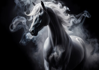 Obraz na płótnie Canvas White horse emerging from smoke on a black background, abstract dark concept.