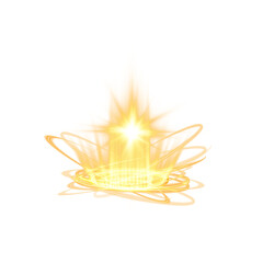 Yellow magic fantasy portal. Futuristic teleport. Light effect. Yellow candles rays of a night scene with sparks on a transparent background. Empty light effect of the podium. Disco club dance floor. 