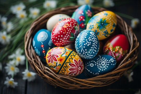 Generative AI image illustration Colorful traditional celebration easter paschal eggs symbols church holy sunday