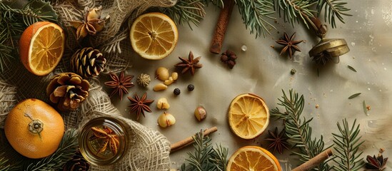 Fototapeta na wymiar A table is covered with vibrant oranges and aromatic spices on a textured fabric backdrop. The mixture of holiday season aromatics and culinary components creates a warm and inviting atmosphere.