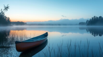 Serene lake at dawn with fog rolling over the water and a canoe on the shore.