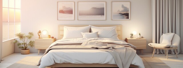 Comfortable double bed with pillows in modern bedroom. 3d render
