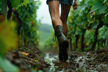 woman walking in vineyard, muddy, rainy weather, boots