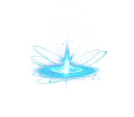 Blue magic fantasy portal. Futuristic teleport. Light effect. Blue candles rays of a night scene with sparks on a transparent background. Empty light effect of the podium. Disco club dance floor. PNG.