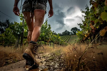 Fototapeten woman walking while heavy rain in vineyards © Joachim