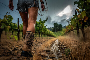 woman walking in rain in vineyard