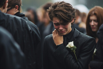 Generative ai picture of crying sad boy in a black suit on funeral farewell ceremony - obrazy, fototapety, plakaty