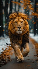 Obraz premium A lion running down a road in the snow