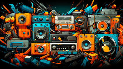 Unique hip hop design featuring computers, cassette players and more. Stand out with a blue and orange color scheme. Ideal for music lovers or those looking for a retro atmosphere.