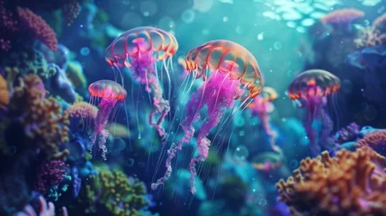 Poster Underwater fantasy scene with glowing jellyfish and coral reefs. © furyon