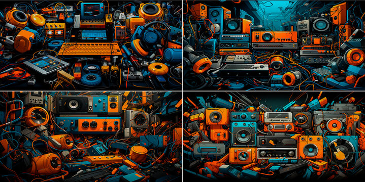 Bright blue and orange pattern with retro technology elements. Hip-hop inspired design creates a cool and unique look. Ideal for those who love vintage technology and music. Great for adding a pop
