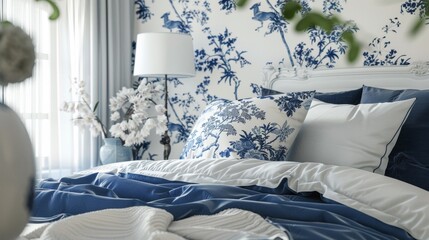 A bed with blue and white sheets and pillows