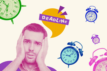 Photo collage young shocked man afraid miss time deadline timer reminder alarm bell tick countdown oversleep late white background