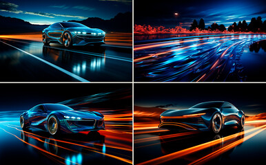 Graphic design inspired by commercial images. Dynamic and elegant visuals depicting a blue car speeding at night. Bright graphic lines convey movement and speed.