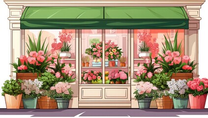 Fototapeta na wymiar An illustrated depiction of a flower shop front adorned with a variety of potted plants and a beautiful floral arrangement