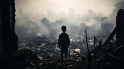 Child looking at destroyed city from inside his home