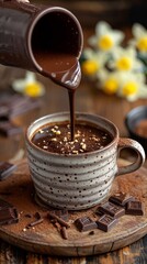 A person pouring chocolate into a cup