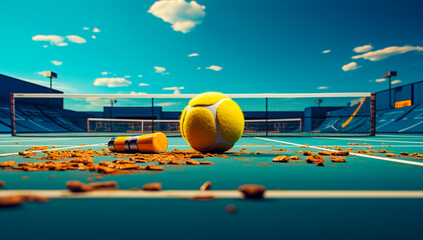 Unique blue tennis ball court design. Flat colors for a minimalist look. Dark yellow and blue color scheme. Creative concept for tennis lovers.