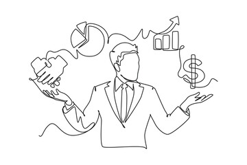 Continuous one line drawing Business icons are floating above head concept. Doodle vector illustration.