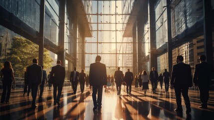 Business people walking in front of corporate building