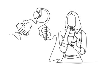 Continuous one line drawing Business icons are floating above head concept. Doodle vector illustration.