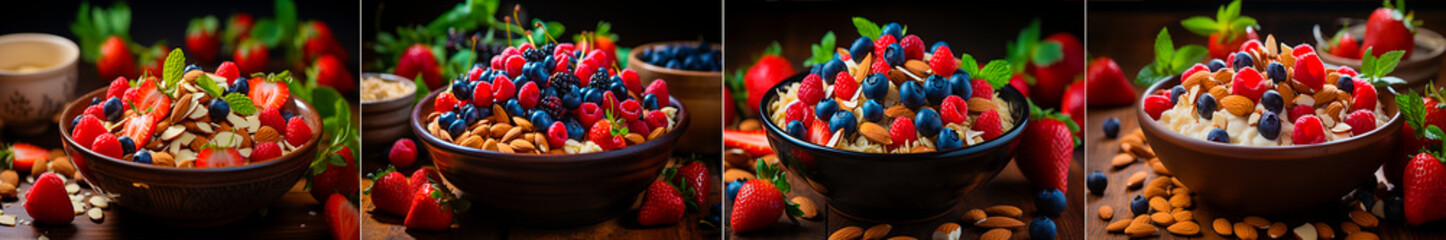 granola bowl with berries, strawberries and almonds, cult style, country scenes, navy and beige,