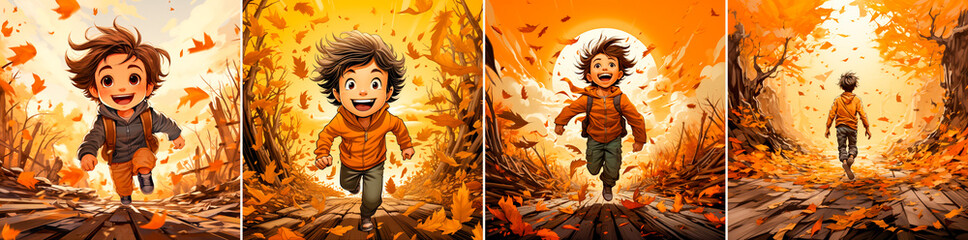 An animated short film featuring a boy running through a pile of leaves in a minimalist style....