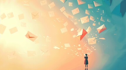 Tiny person sending email marketing and business newsletter: transparent background illustration of digital communication and company news content promotion