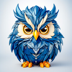 Use a triangle-shaped owl mascot for brand recognition. The artificial intelligence assistant provides personalized recommendations and assistance. The dark blue color scheme conveys confidence,