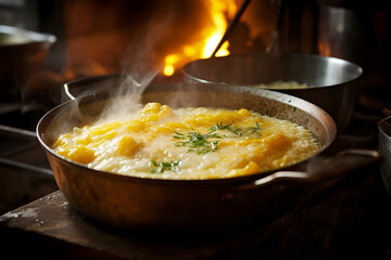 Polenta simmering in a rustic Italian kitchen